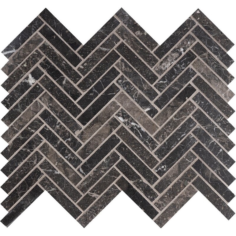 Curated visual reference: Visual Reference: Iris Black Honed Herringbone 5 8X3 Marble Mosaic