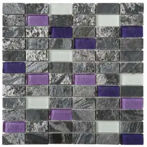 Grey Polished Quartzite Purple & White Glass Mosaic 1″X2″