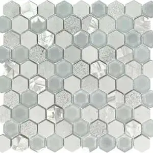 Hexagon Glass Marble & Mother Pearl White Mix Mosaic