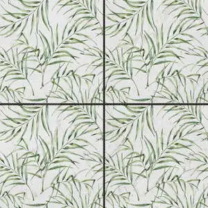 6″x6″ Green Palm Leaf Printed Beige Marble