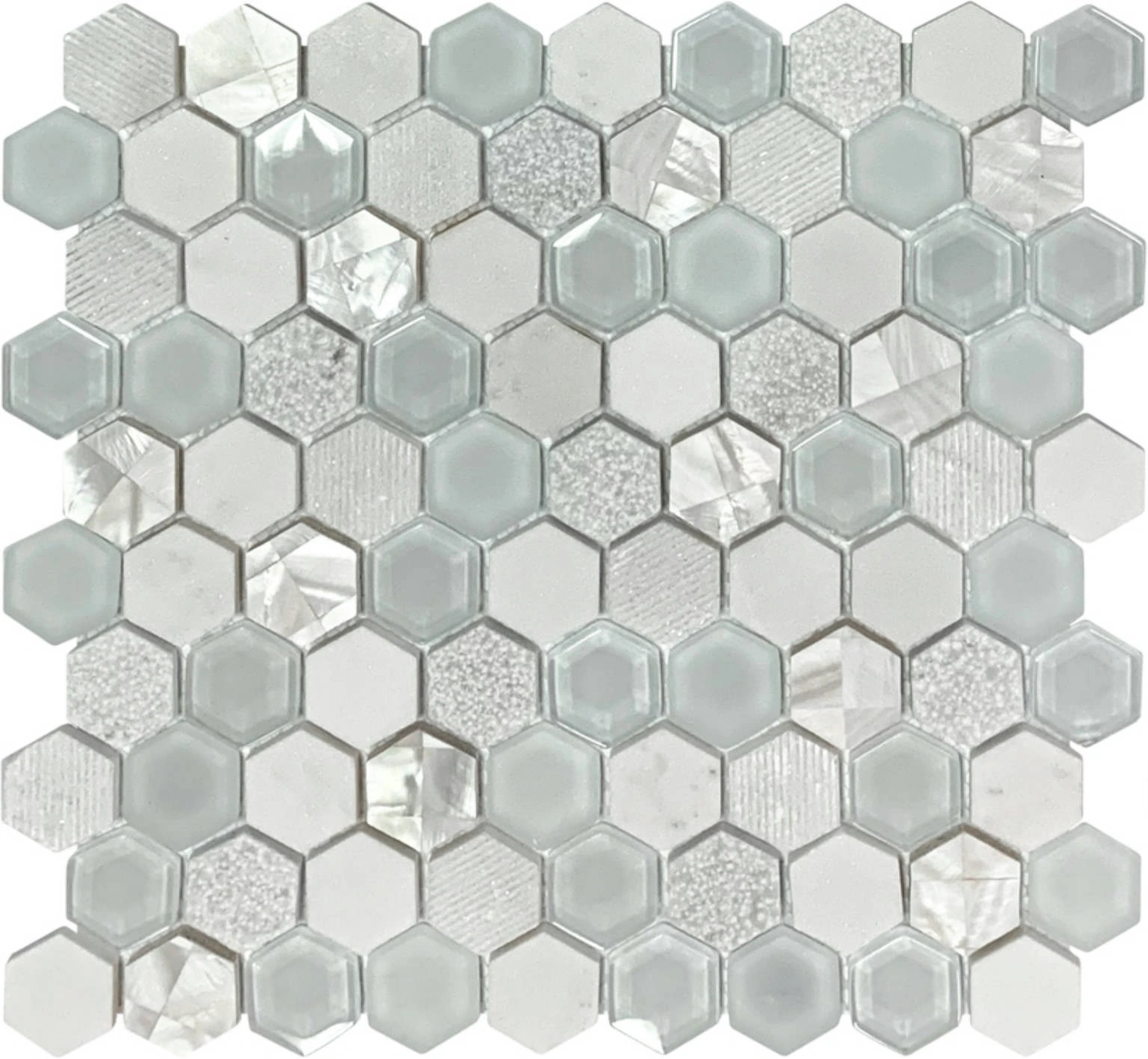Hexagon Glass Marble & Mother Pearl White Mix Mosaic