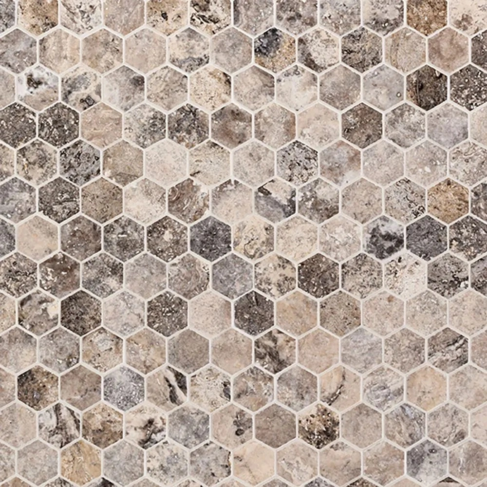2" Hexagon Mosaic Silver Travertine