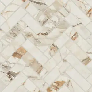 Satin Porcelain Herringbone Mosaic in Calacatta Borghini Satin Porcelain Herringbone Mosaic in Calacatta Borghini