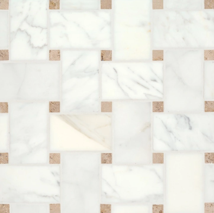 Jumbo Basketweave Honed Marble in Calacatta with Jura Beige Dot