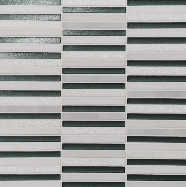 Stacked Glass and Stone Mosaic in Dark Green and Oriental White