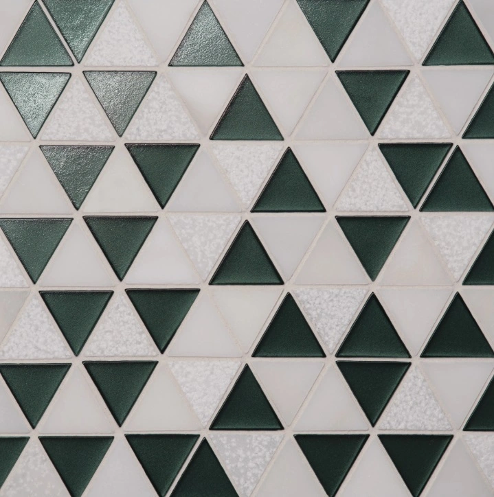 Triangle Glass and Stone Mosaic in Dark Green and Oriental White