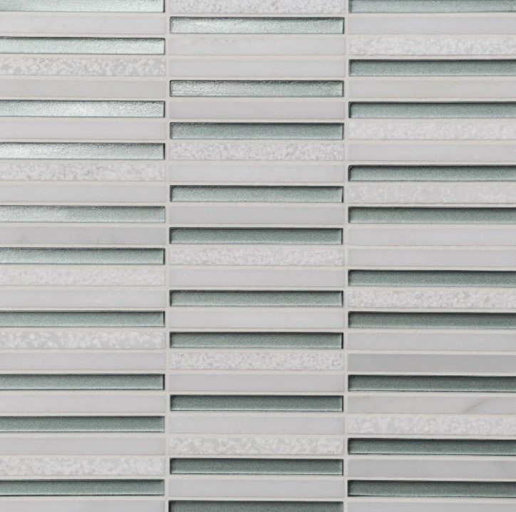 Stacked Glass and Stone Mosaic in Light Green and Oriental White