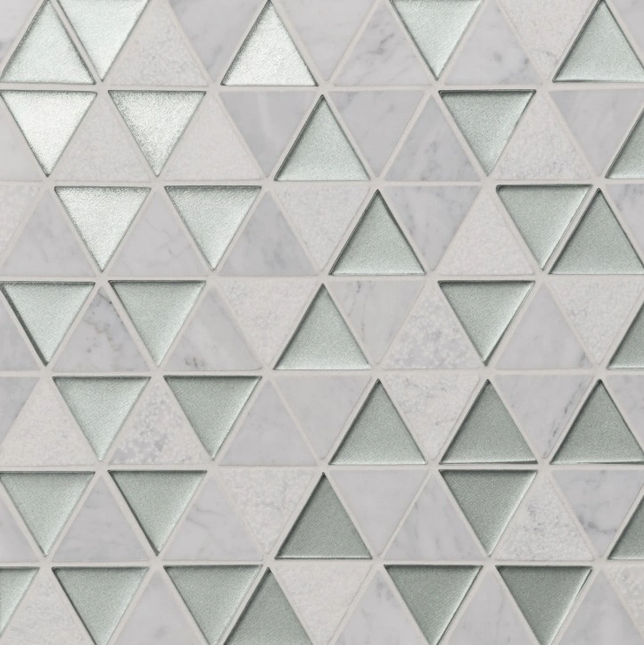 Triangle Glass and Stone Mosaic in Silver and White Carrara