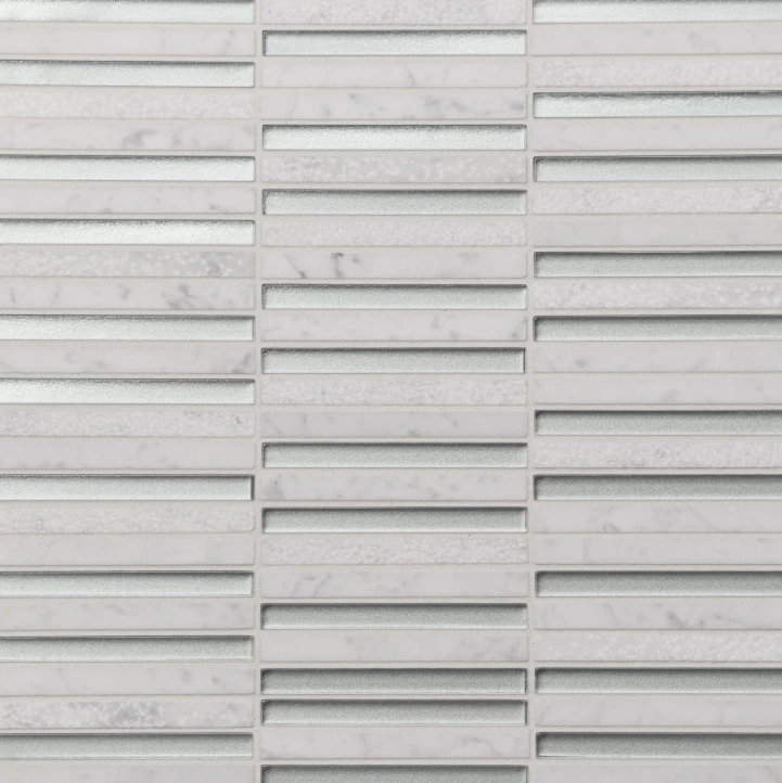 Stacked Glass and Stone Mosaic in Silver and White Carrara