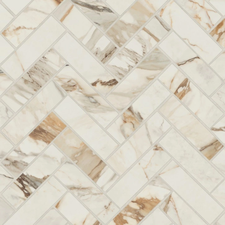 Satin Porcelain Herringbone Mosaic in Calacatta Borghini