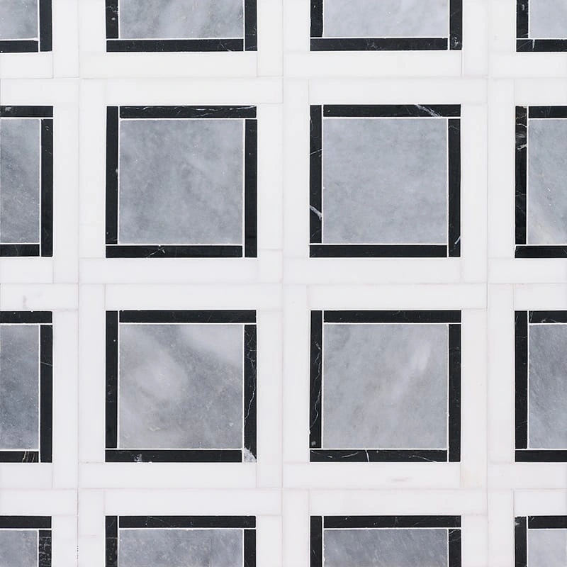 Snow White, Black, Allure Polished Cambridge Marble Mosaic