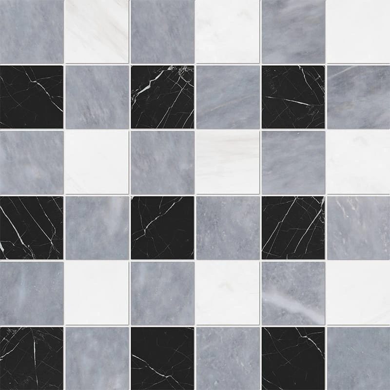 Allure Light, Snow White, Black Honed 2x2 Marble Mosaic Allure Light, Snow White, Black Honed 2x2 Marble Mosaic