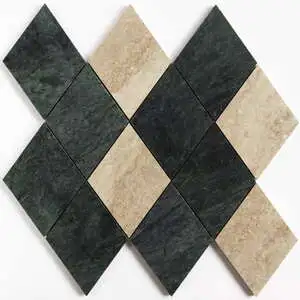 Roman Travertine, Verde Lucia Honed Almas Marble Mosaic