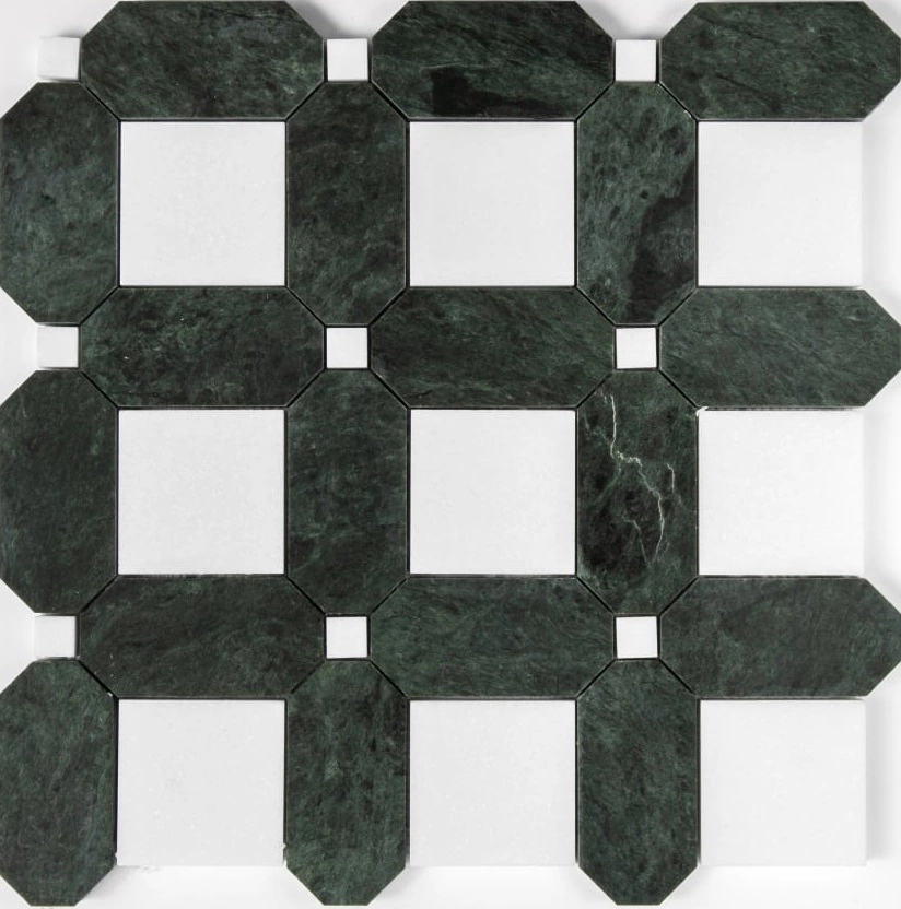 Thassos, Verde Lucia Honed Octa Marble Mosaic