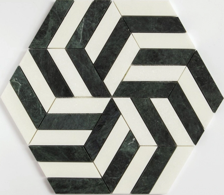 Thassos, Verde Lucia Honed Windmill Marble Mosaic