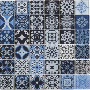Mosaique Verre Motif Carreau Ciment Bleu Floor Tile