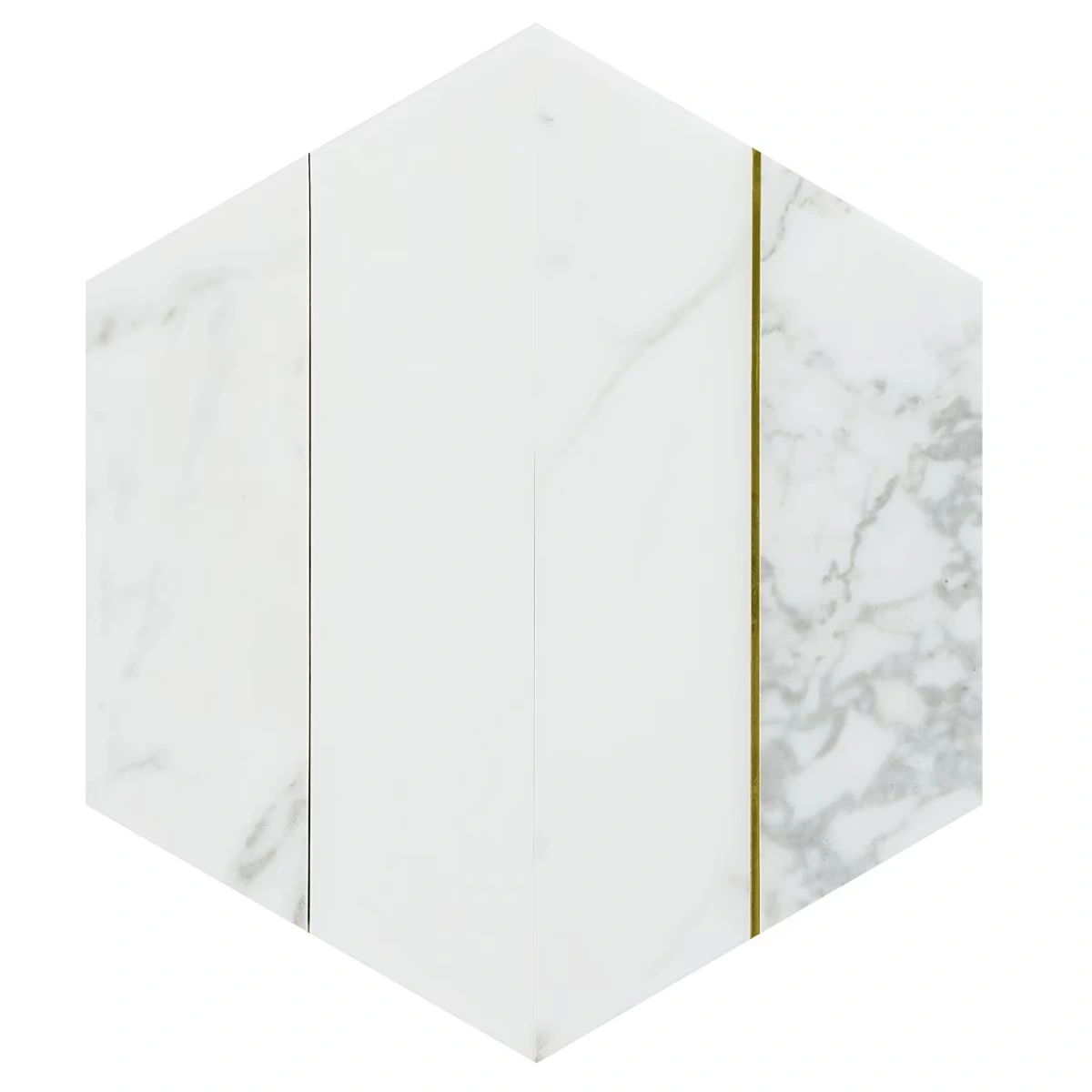 Audrey White and Gold 9" Hexagon Polished Calacatta Marble and B