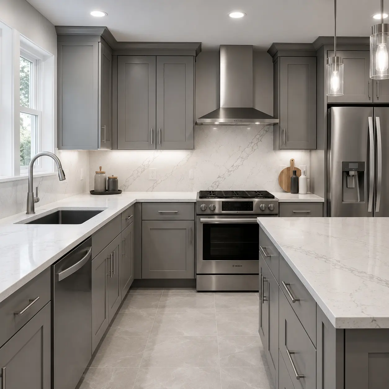 Modern gray kitchen with shaker cabinets, quartz countertops, and a large island