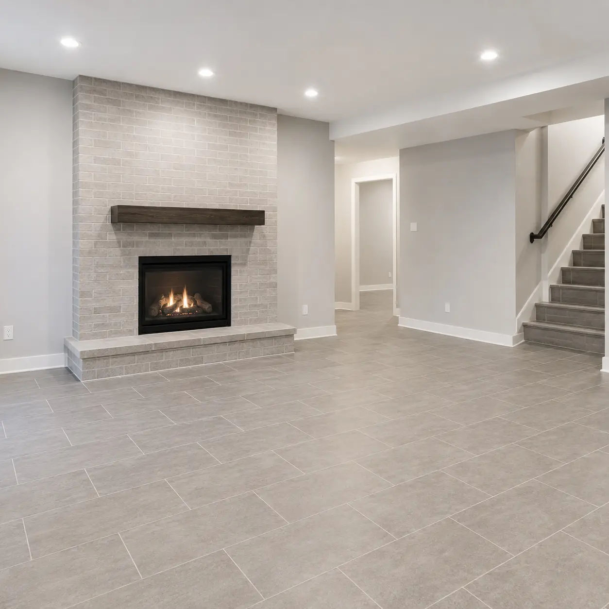 Modern living room with a tiled fireplace, gray flooring, and staircase