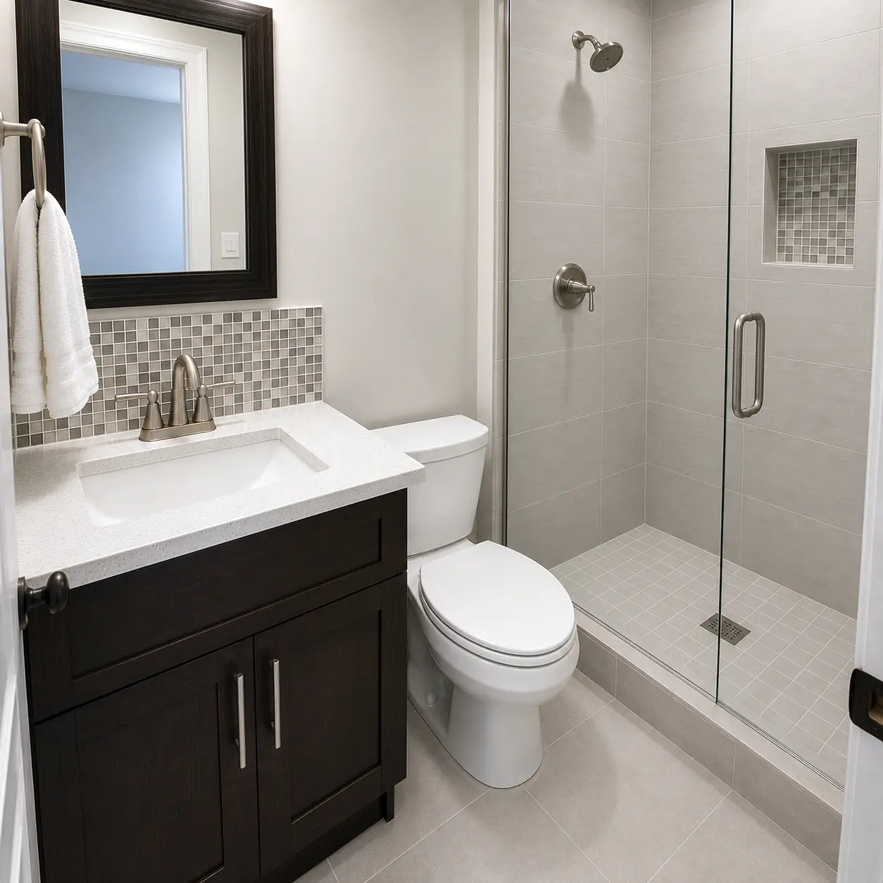 Modern bathroom with a glass walk-in shower and dark wood vanity