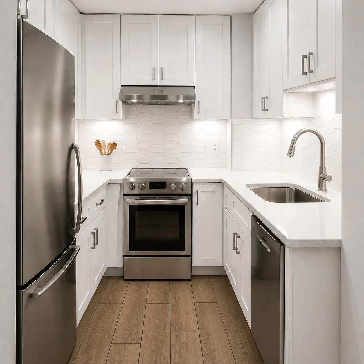 Modern white kitchen with shaker cabinets, stainless steel appliances, and wood flooring
