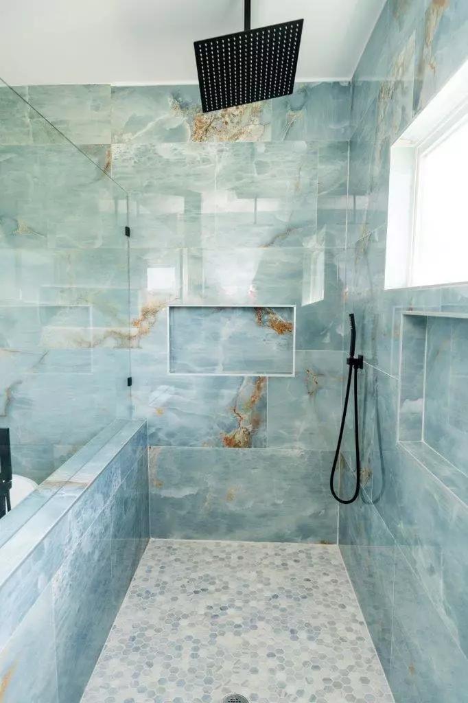 Modern master bathroom with stunning aqua blue 24x48 large format tile Modern master bathroom with stunning aqua blue 24x48 large format tile