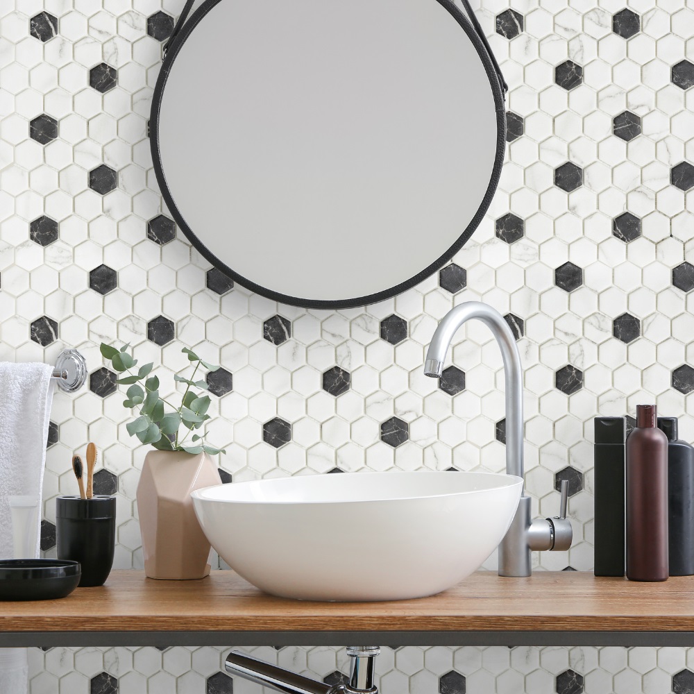 Eco Mosaics White/Nero Marquina Hex Pattern Venato